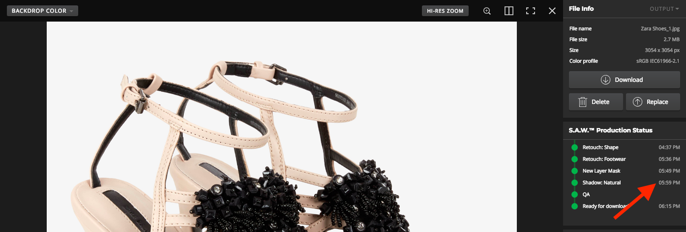 Click the timestamps to open Photoshop log Screenshot of timestamps for steps of completed product image retouching